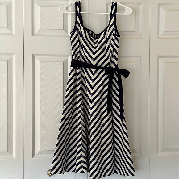 Talbots Navy and White Chevron Fit & Flare Tea Length Dress - Picture 3 of 7